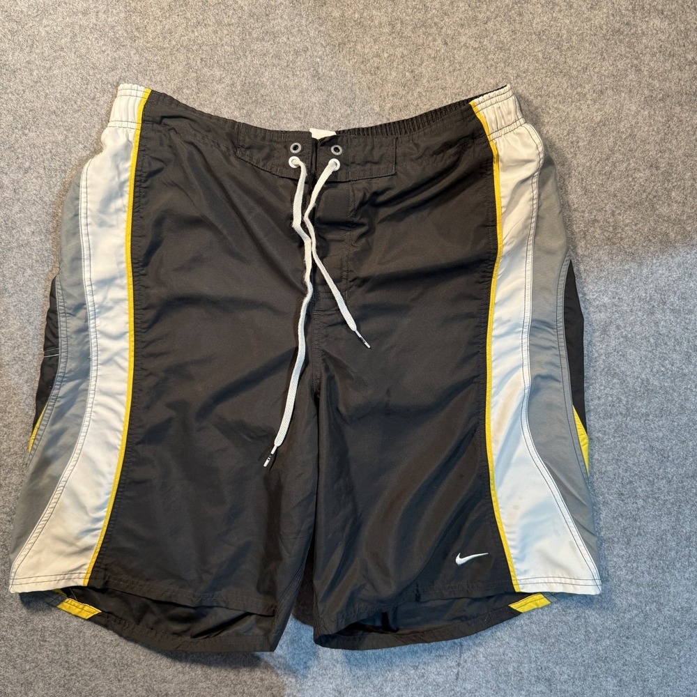 Nike Mens Board Shorts Black Grey Yellow Mesh Lined Swim Trunks Large